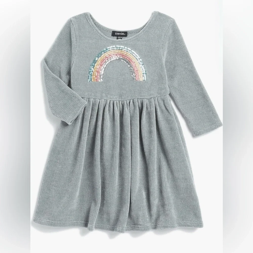 Zunie Kids' Paris Chenille Long Sleeve Dress with Sequin Rainbow 🌈